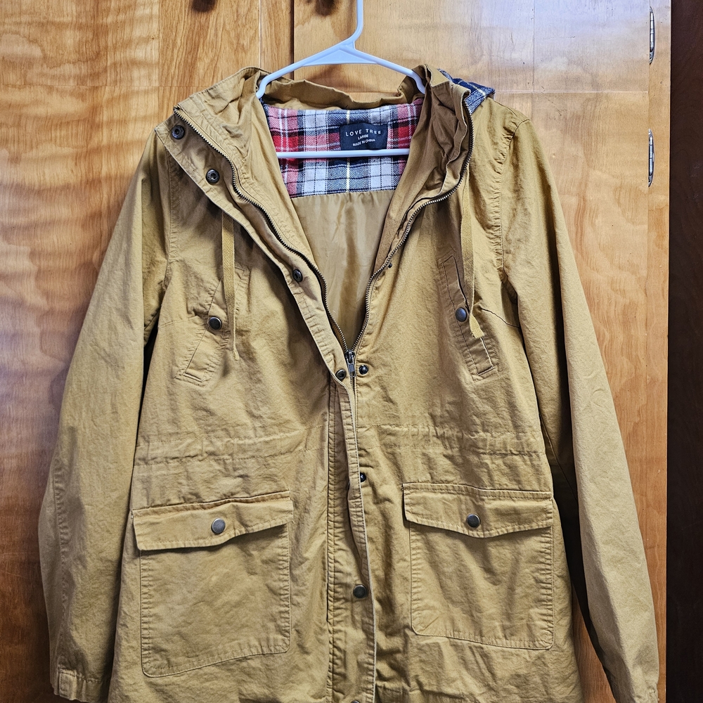 Love Tree Mustard Yellow Hooded Utility Jacket with Plaid Lining